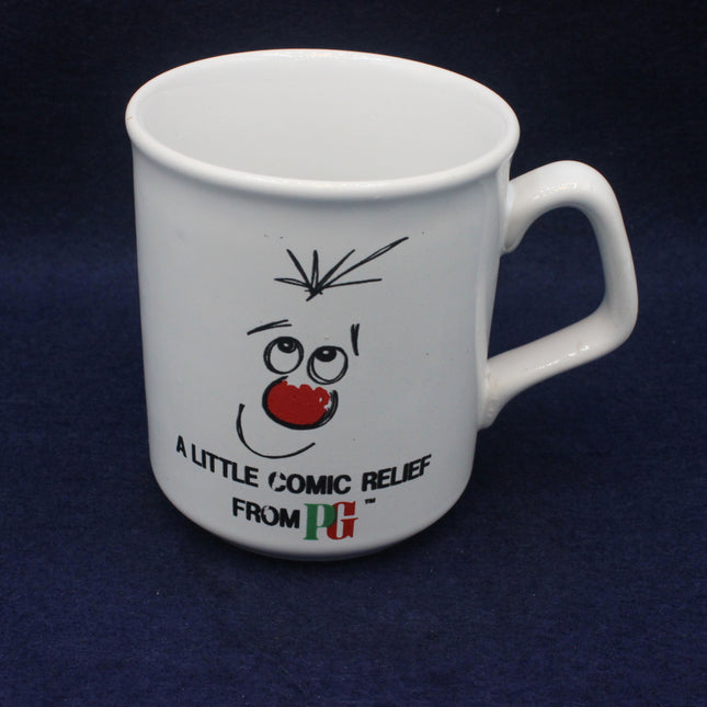 White mug with a cartoon face and text on a dark blue background