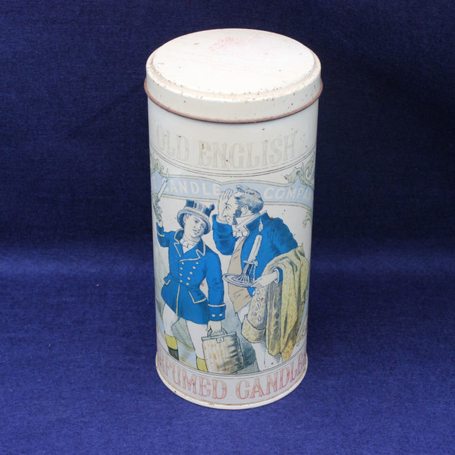 Cylindrical container with vintage design on a blue background