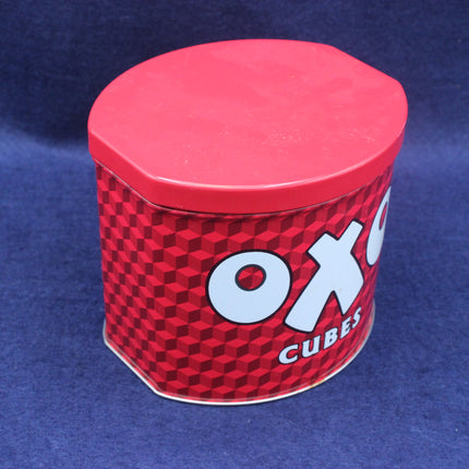 Red tin with 'Oxo Cubes' logo on a blue background