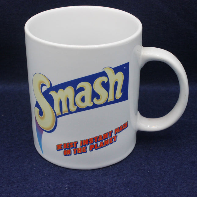 White mug with 'Smash' text on a dark blue background