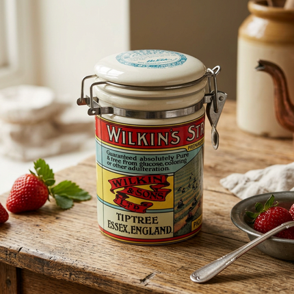 A vintage Wilkin's Strawberry jam jar with a clasp lid, set on a rustic wooden table with fresh strawberries and a teapot in the background.