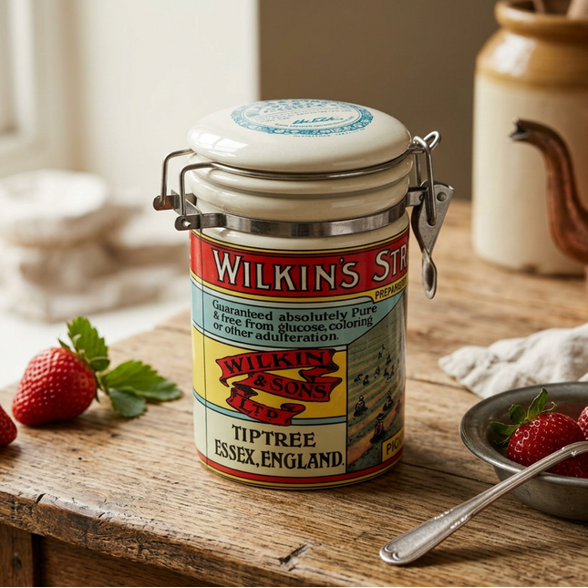 A vintage Wilkin's Strawberry jam jar with a clasp lid, set on a rustic wooden table with fresh strawberries and a teapot in the background.