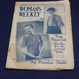Vintage 'Woman's Weekly' magazine cover with knitting patterns on a blue background