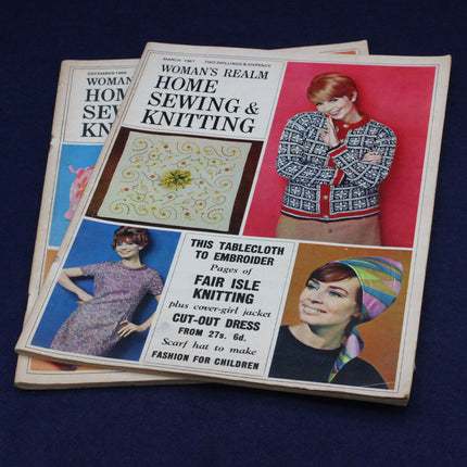 Vintage 'Woman's Realm Home Sewing & Knitting' magazine on a dark blue background