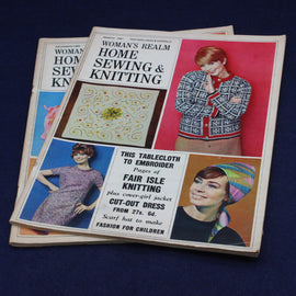 Vintage 'Woman's Realm Home Sewing & Knitting' magazine on a dark blue background