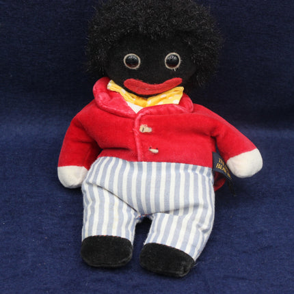 Vintage 21cm bean‑filled Golly doll by The Velveteen Bean Bear Company with stitched features and original outfit. A charming handmade collectable