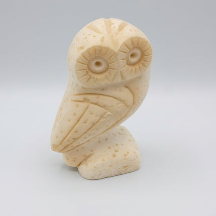 A small carved owl figurine in a light cream or ivory stone-like material, photographed against a plain light gray studio background.