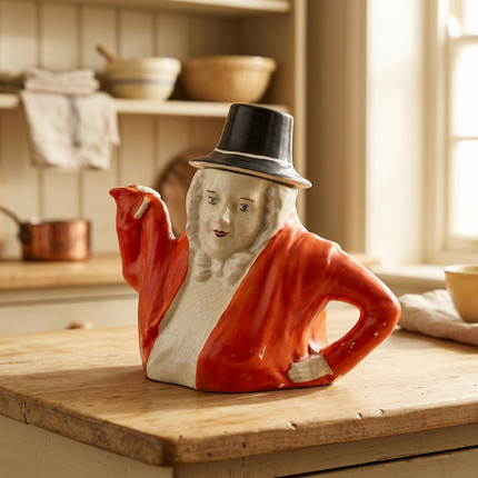 A ceramic teapot shaped like a historical figure wearing a black top hat and red coat, displayed on a wooden kitchen counter with warm, rustic background lighting.