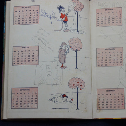 Calendar with illustrations of a boy and girl watering and inspecting a tree, with months listed on the left.