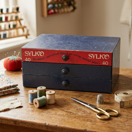 Vintage Dewhurst’s Sylko three-drawer thread cabinet on a wooden sewing table surrounded by cotton reels, scissors, fabric and a measuring tape.