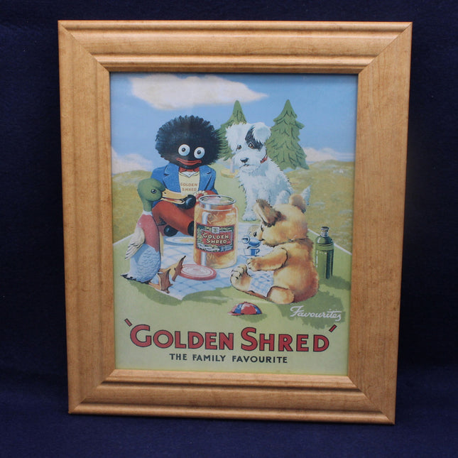 Vintage Golden Shred Framed Advertising Print – Classic Picnic Scene with Golly