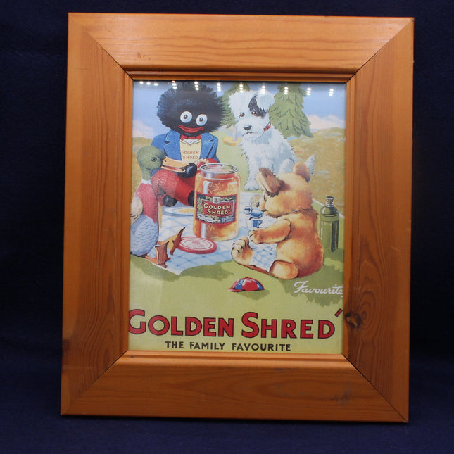 Vintage Golden Shred advertisement framed in a wooden border