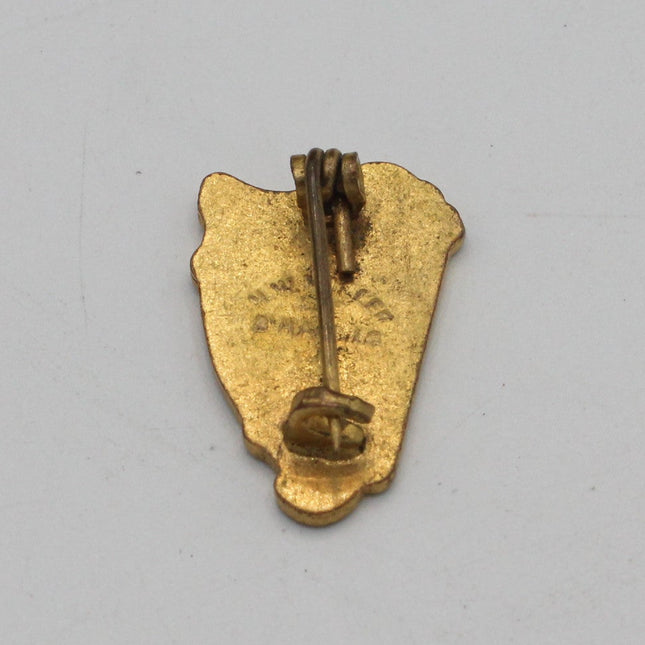 A small gold-colored enamel pin or badge with a pin-back clasp, shown from the back on a plain light gray background.