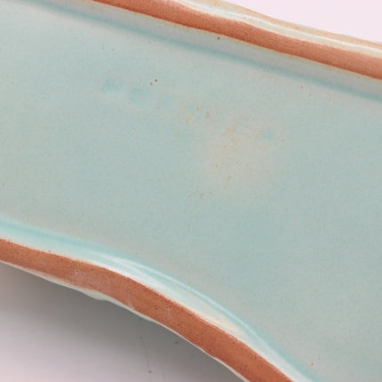 Close-up of a ceramic plate or dish showing a pale aqua glaze with a contrasting warm brown rim.
