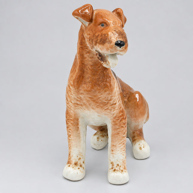 A glossy ceramic figurine of an Airedale Terrier dog in a sitting position, featuring a warm reddish-brown and white glaze on a plain white background.
