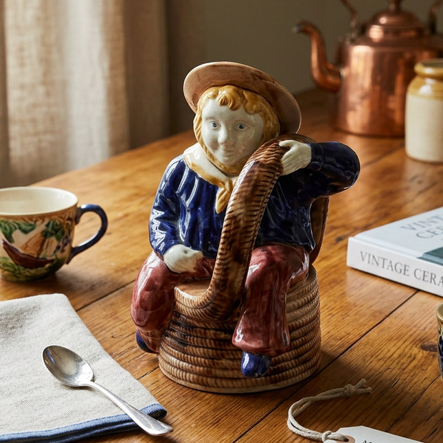 A richly modelled majolica “Manxman” style sailor teapot, designed as a seated seafarer perched on a coiled rope, with one leg cleverly forming the spout and a section of rope shaping the handle