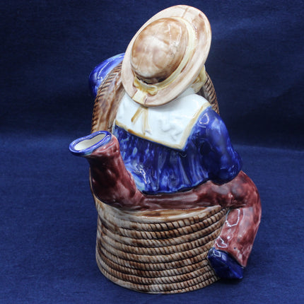 Vintage Majolica Manxman Style Sailor Teapot on a blue background