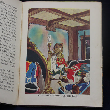 Illustration from a book showing a character dressing for a ball, with text on the left page.