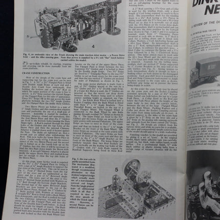 Open magazine with toy truck illustrations and text on a black background