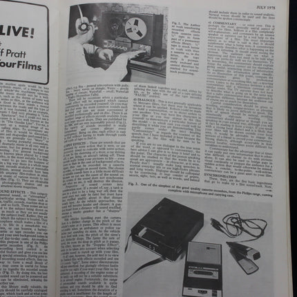 Vintage magazine or newspaper page with text and black and white images of electronic equipment.
