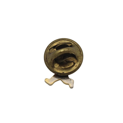 A small round gold-toned metal button clasp or pin back with a short metal tail, photographed on a plain light gray background.