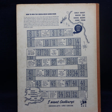 Vintage Cadbury's chocolate and cocoa packaging with a cocoa bean cargo race game.