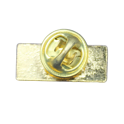 Gold badge with a logo on a blue textured background