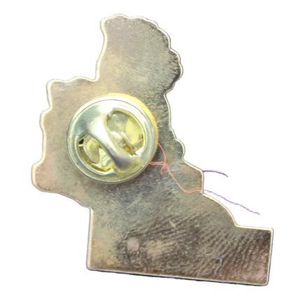 Metallic state-shaped badge with a central screw on a white background
