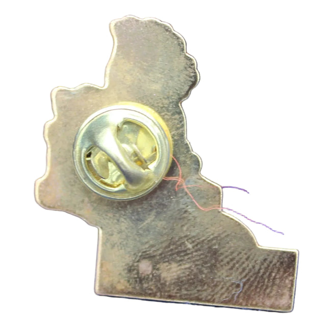 Metallic state-shaped badge with a central screw on a white background
