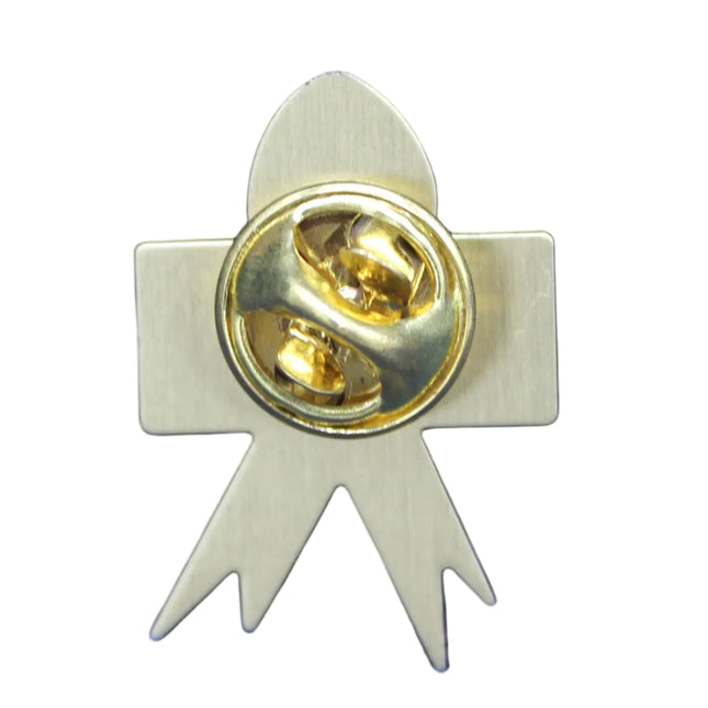 Gold-colored badge with a central circular design on a blue textured background