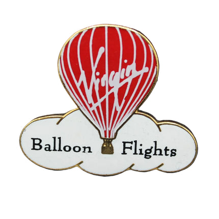 Pin with red hot air balloon and 'Virgin Balloon Flights' text on a white background