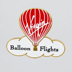 Pin with red hot air balloon and 'Virgin Balloon Flights' text on a white background