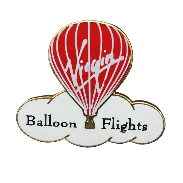 Pin with red hot air balloon and 'Virgin Balloon Flights' text on a white background