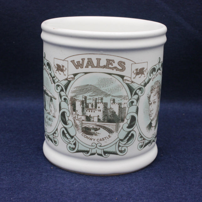 White mug with 'Wales' and a castle design on a blue background