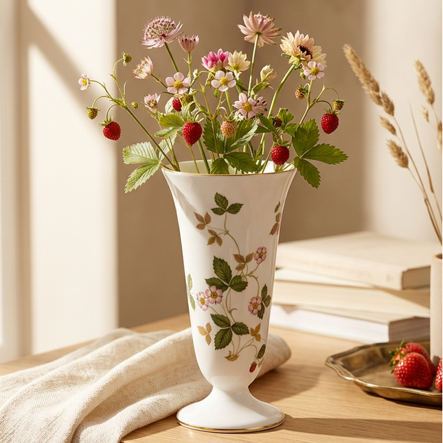 A white ceramic vase with a delicate pink and green strawberry floral pattern, filled with mixed wildflowers and green leaves, set on a wooden table next to a beige cloth and a small plate of fresh strawberries.