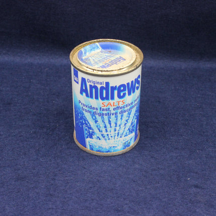 Can of Andrews Salts on a dark blue background