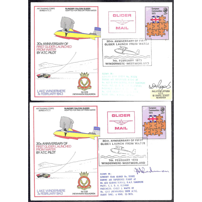 Two vintage philatelic covers from the Netherlands dated February 7, 1973, commemorating the 30th anniversary of the first glider launched from water by an A.T.