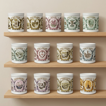 Thirteen ceramic London-themed candle jars with vintage travel stamps are arranged neatly on three light wood shelves against a warm beige wall.