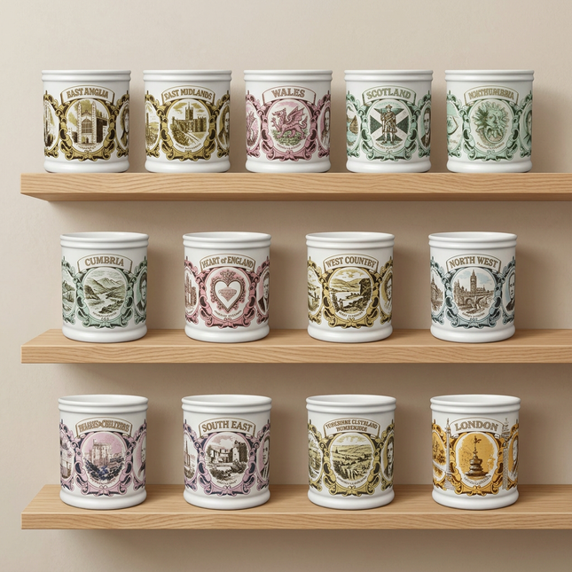 Thirteen ceramic London-themed candle jars with vintage travel stamps are arranged neatly on three light wood shelves against a warm beige wall.