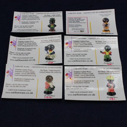 Set of Carleton Ware figurines with certificates of authenticity on a dark background