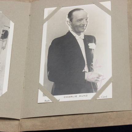 Vintage photograph of Charlie Kunz in a tuxedo inside a photo album