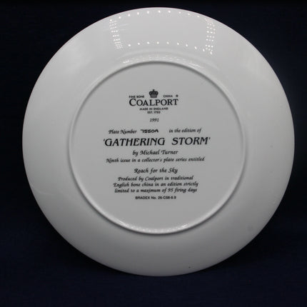 Back of a Coalport plate with branding and text on a black background