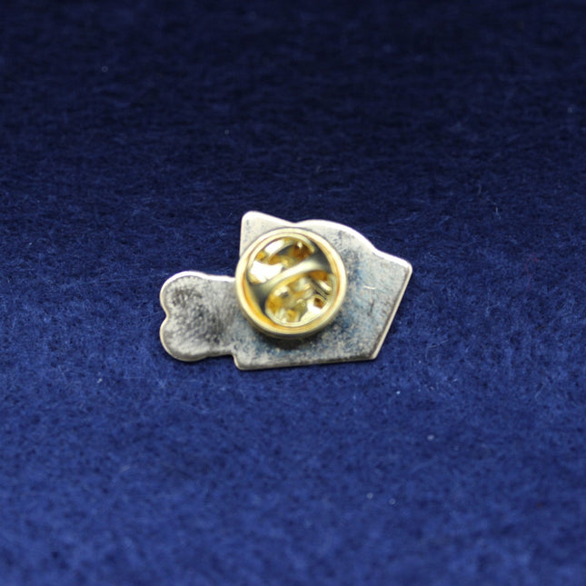 Metallic Coca Cola badge with a gold center clasp on a blue textured background