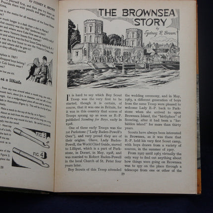 Open book with black and white illustration titled 'The Brownsea Story' by Sydney R. Brown.
