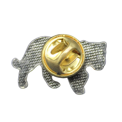 Gold and silver fish-shaped lapel pin on a blue textured background