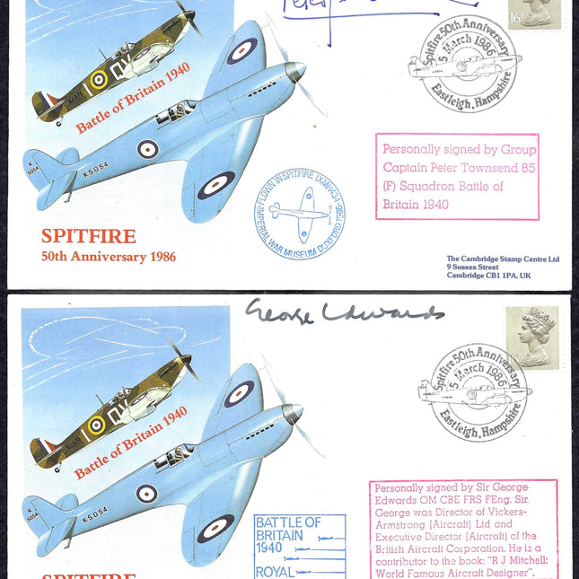 Two collectible Spitfire 50th Anniversary 1986 stamps from The Cambridge Stamp Centre, featuring blue and yellow military aircraft illustrations, signatures, postmarks, and printed text on a white background.