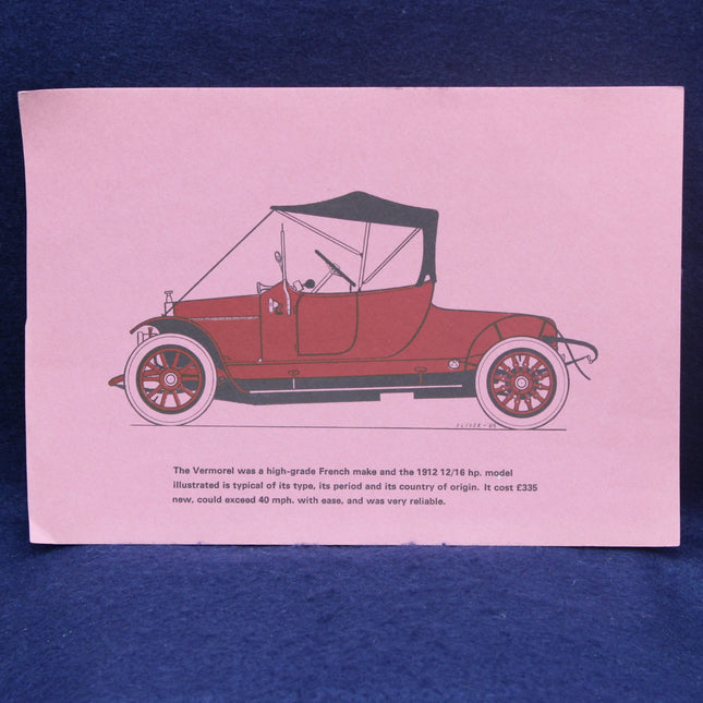 Red vintage Vermoral car illustration on a pink card with text