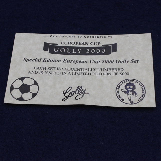 Certificate of Authenticity for a Special Edition European Cup 2000 Golly Set on a dark background