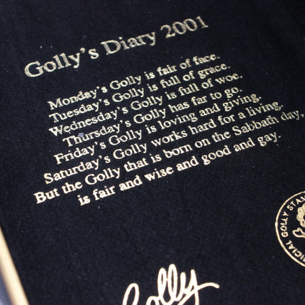 Text on a black background with 'Golly's Diary 2001' and a signature.