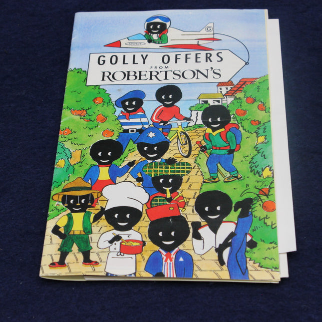 Vintage advertisement for Golly Offers from Robertson's featuring animated characters on a blue background.